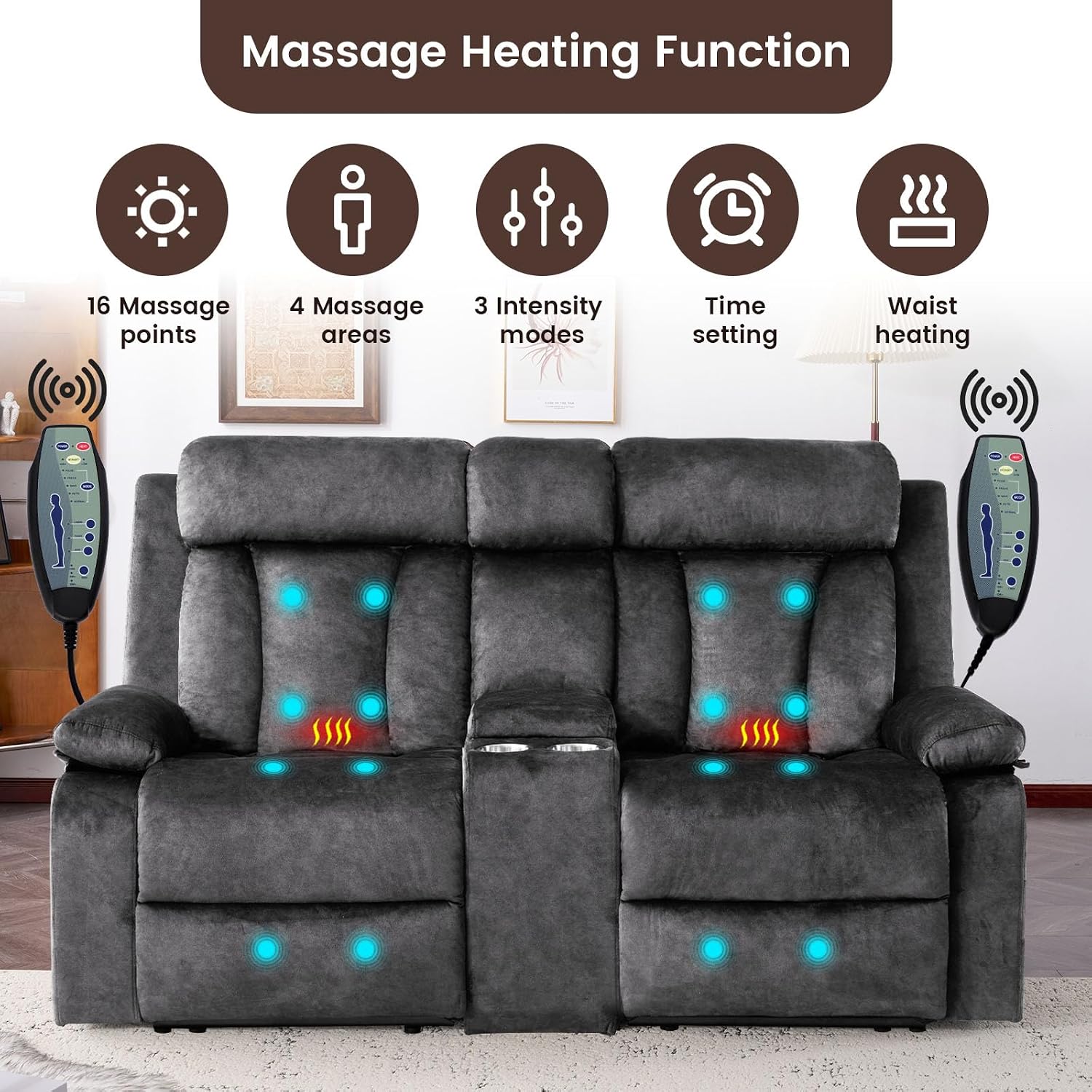 Power Reclining Loveseat with Console, Electric Double Recliner with USB/Type C/Side Pocket/Cup Holders, RV Recliners Wall Hugger Reclining Loveseat for Living Room & RV & Home Theater