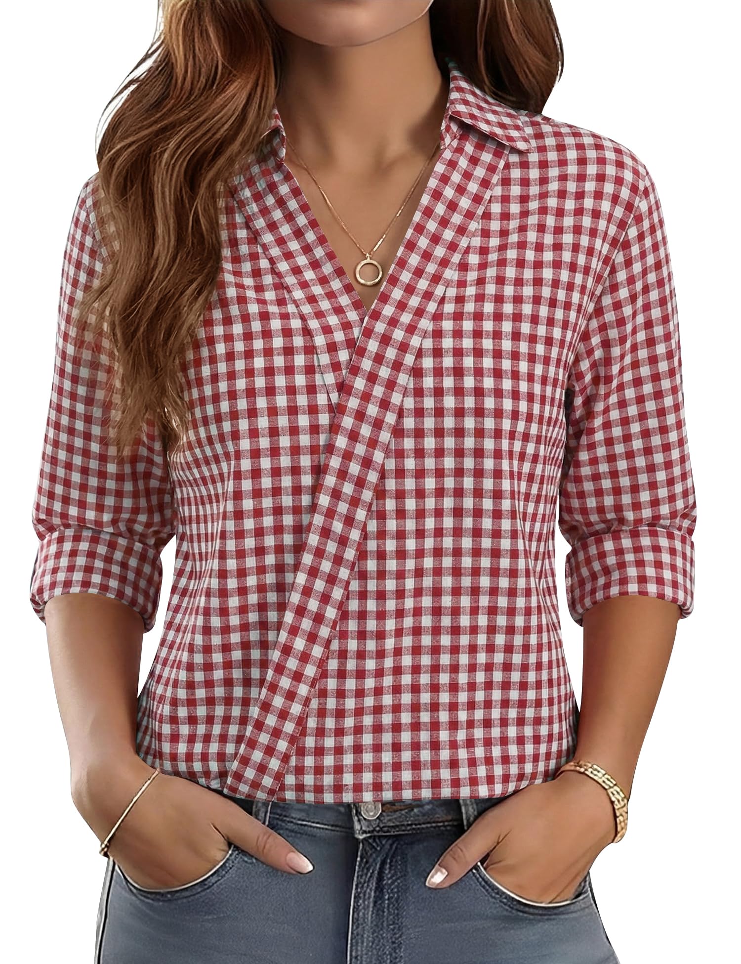 LOMON 3/4 Length Sleeve Womens Tops Dressy V Neck Collared Dress Shirts | Trendy Unique V Neck,Dressy Casual Blouses,Business Casual Outfits,Work Office Clothes,Summer Fall Vacation Outfits 2026 XX-Large Red White Plaid