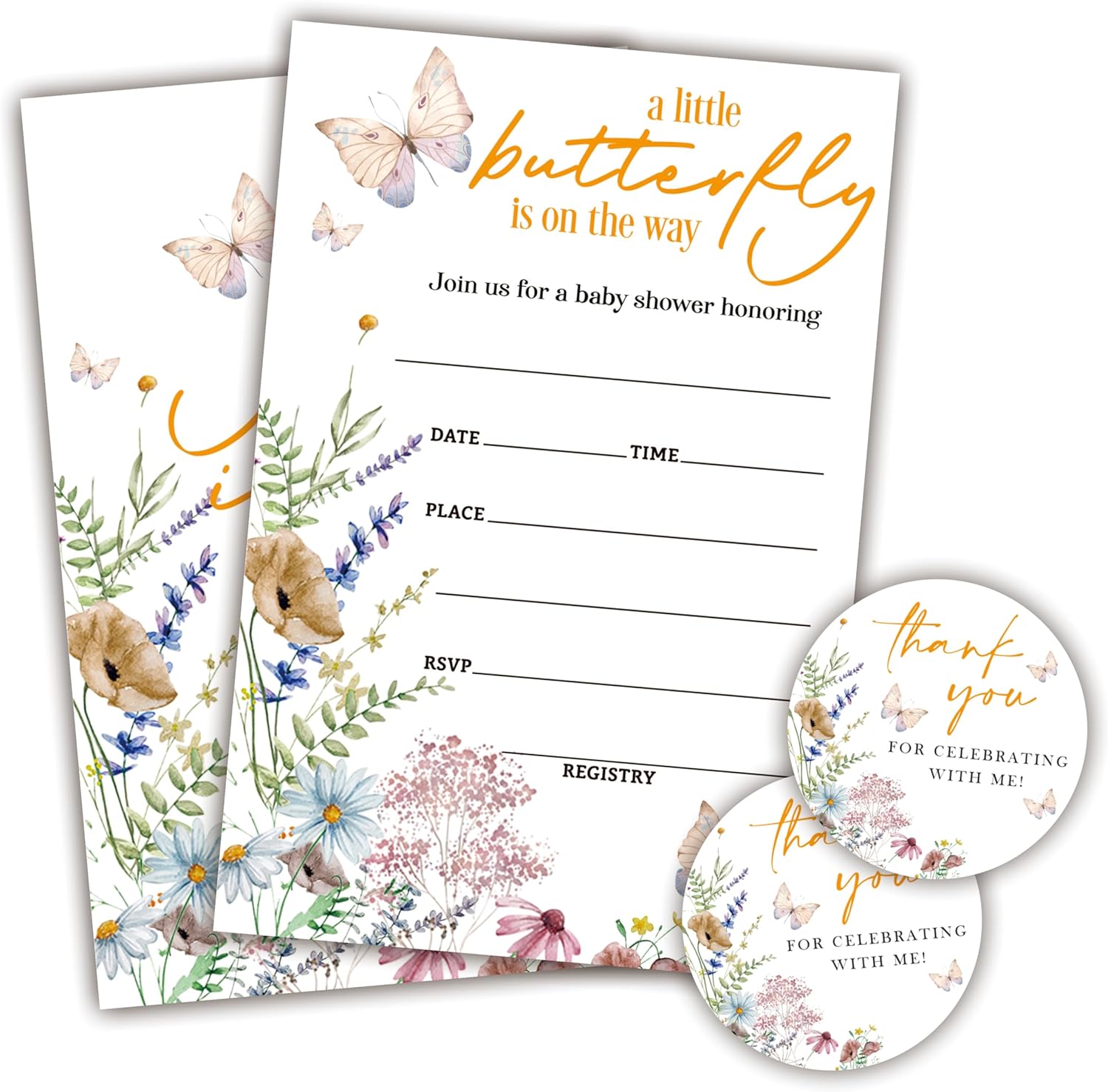 20 Baby Shower Invitations & Thank You Stickers - A Little Butterfly Is On Her Way Invites, Envelopes And Adhesive Round Thank You Stickers, Gender Reveal, Baby Announcement Party Favor (A08)