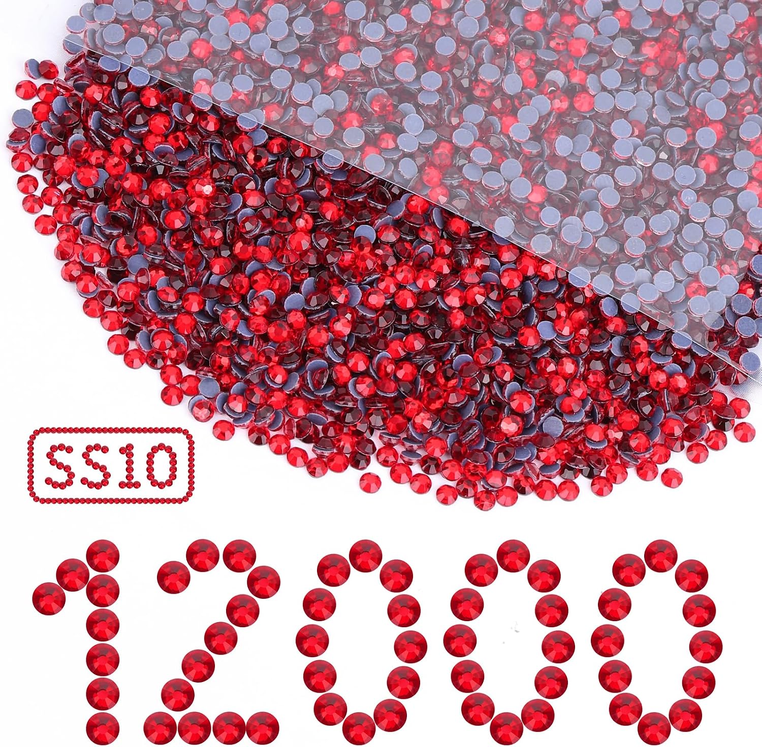 12000PCS Crystal Hotfix Rhinestones Bulk, Flatback Glass Hot Fix Rhinestones for Clothing, Crafts, DIY Decor Iron-On Rhinestone for Fabric(Red SS10)
