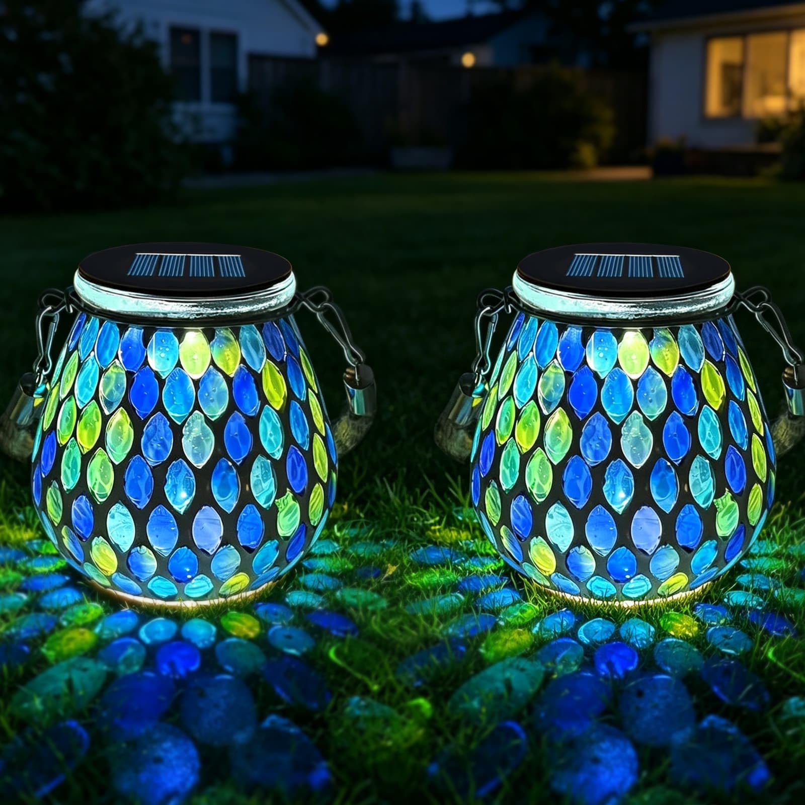 Llhong Blue 2Pcs Oval Mosaic Solar Lights, Outdoor Garden Mosaic Solar Lanterns, Hanging Solar Lights, Ip65 Waterproof, Outdoor Garden Lanterns For Patio, Lawn, Balcony, Pathway, Yard Decor (Blue)
