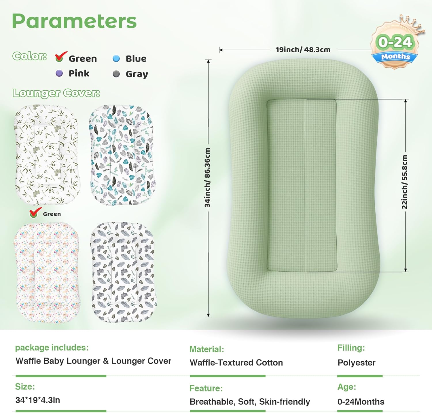 Baby Lounger for Newborn - Infant Lounger 0-24 Months with Lounger Cover, Cooling Baby Nest Lounger, Breathable Waffle Fabric & 3D Support, Portable Newborn Essentials, Green - Image 7