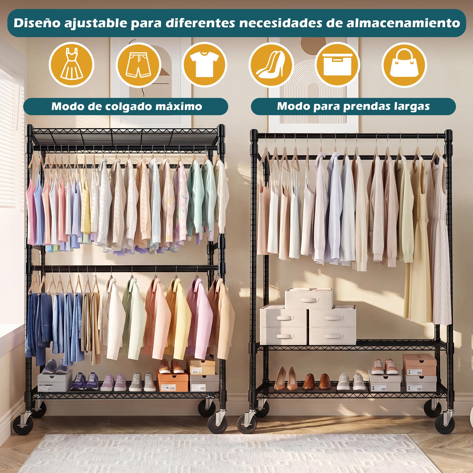 Himimi Burro Perchero de Ropa Resistente con Ruedas, Perchero Doble Altura con 4 Barras y Estantes Ajustables, Perchero Abierto para Dormitorio, Vestidor, Lavandería y Balcón, 114 x 52 x 203 cm, Negro