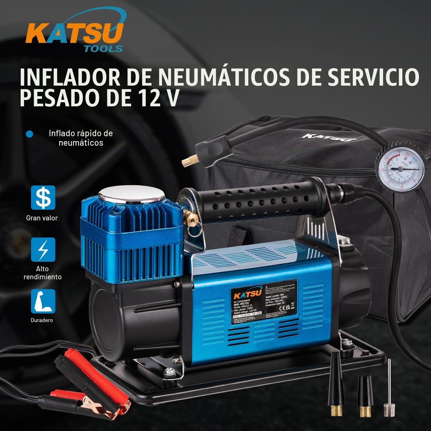 KATSU Tools Profesional Inflador de Neumáticos de Coche, 150 PSI 12V 45Amp Portátil Gran Volumen Bomba de Neumáticos de Compresor de Aire para 4WD Auto Van Camiones Inflables