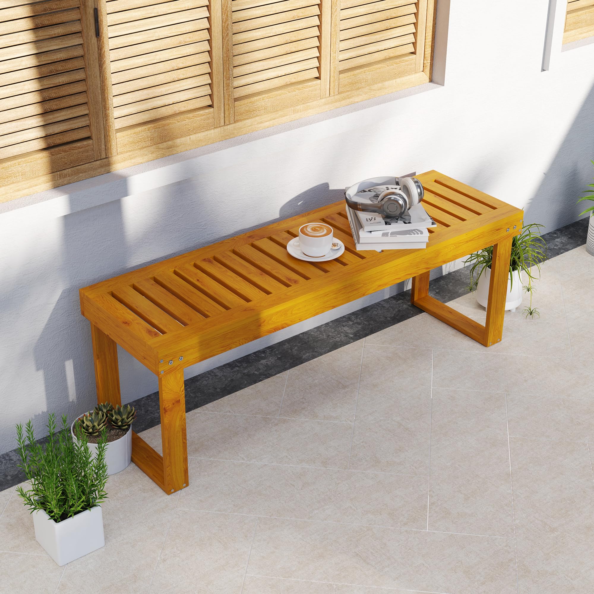 Outsunny Panca da giardino a 2 posti Panca in legno a doghe 300 kg Panca da giardino Terrazza 120x34x43 cm Teak
