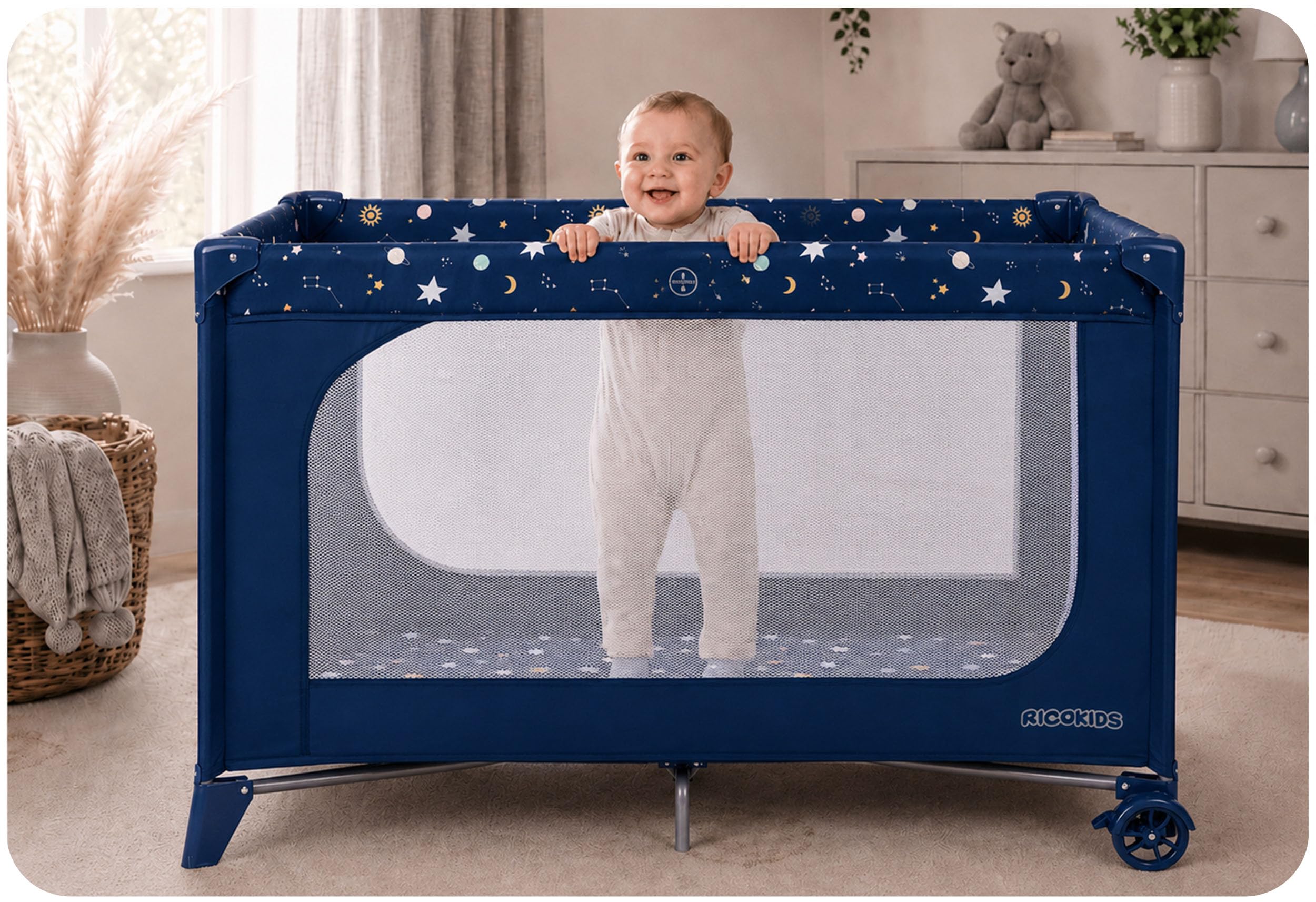 Ricokids Lit de Voyage Pliable pour bébé avec Matelas - Sac de Transport - 125 x 65 x 78 cm - Bleu foncé avec étoiles