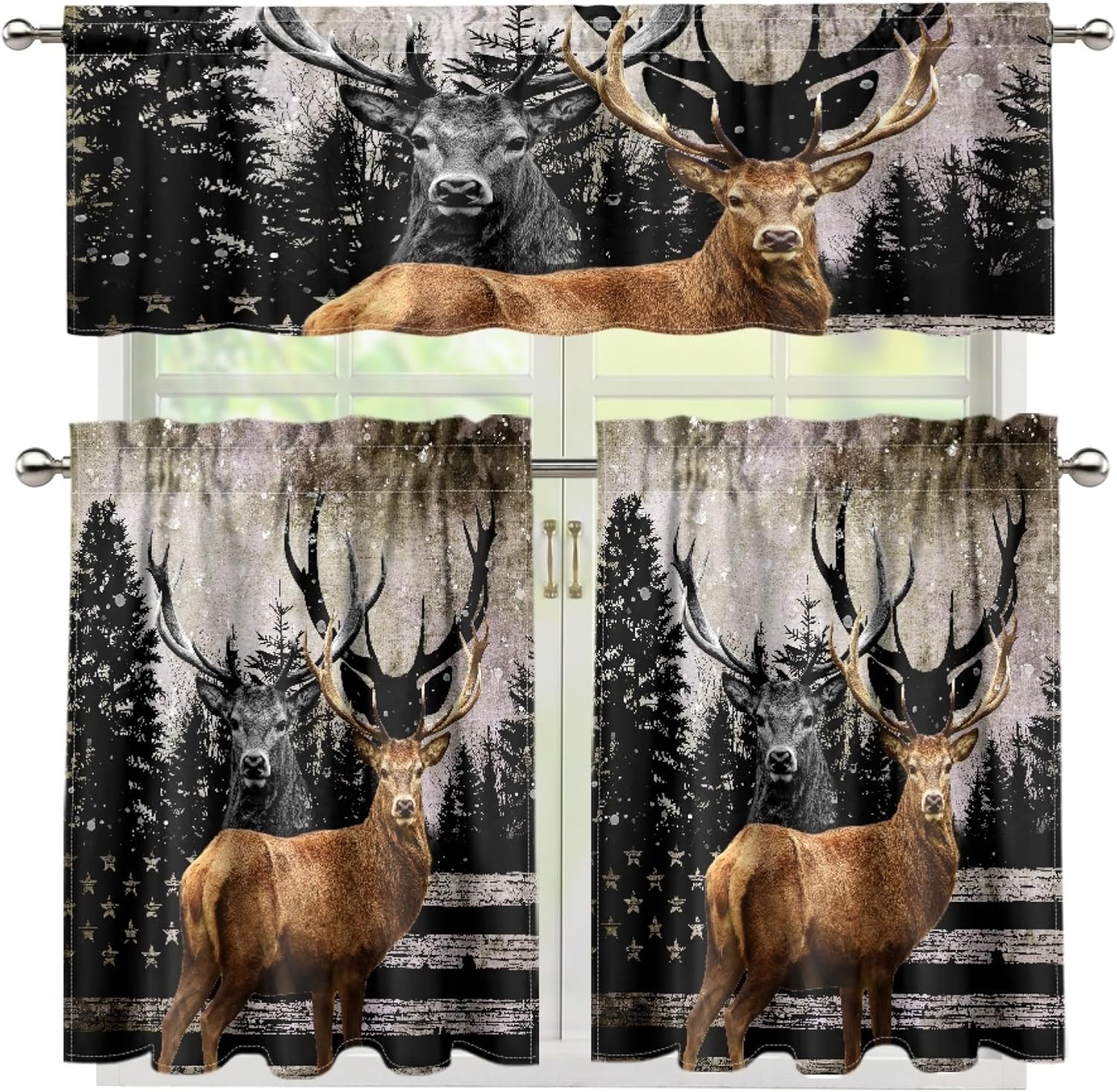 Wild Animal Valance Curtains for Boys, Deer Black Forest Silhouette Dark Wood Board Backdrop Window Treatments, Rod Pocket Drapes for Man Cave Teens Room Bedroom Decor, 54x18in 1P+27x36in 2P