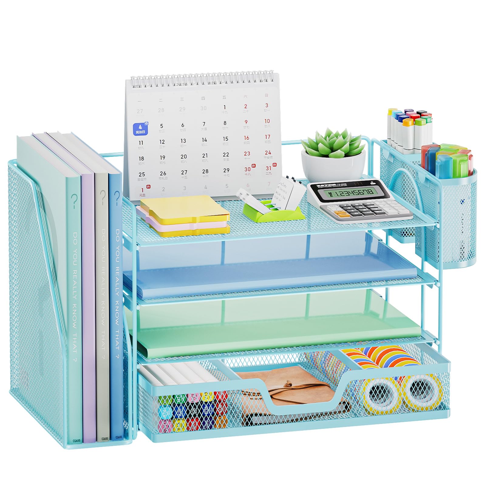 Marbrasse Organizer da scrivania e accessori, vassoio per lettere a 4 ripiani con porta documenti, accessori da scrivania e organizer per spazi di lavoro con cassetto e 2 portapenne (blu, 39,1 x 23,1