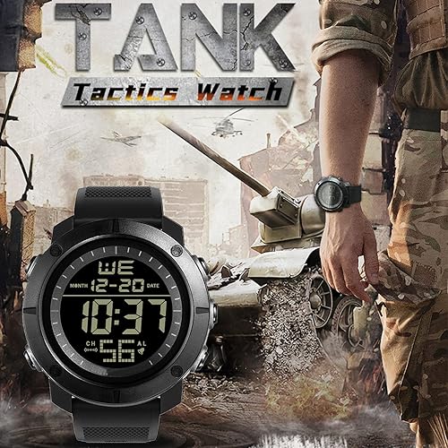 Miniatura 2 de Relojes militares para hombre, tácticos, al aire libre, 5ATM, impermeable, alarma, cronómetro, digital, para correr, reloj táctico, Negro -, Deporte