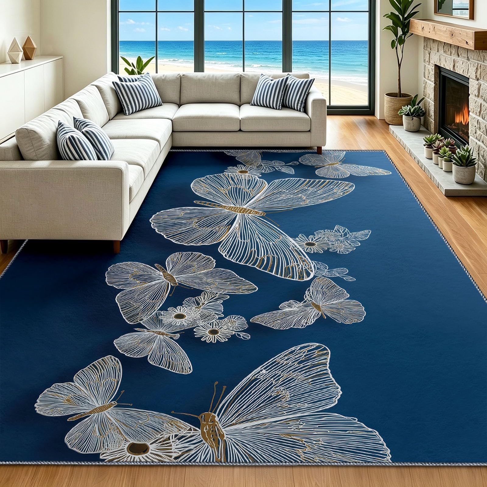 Tapis de salon bleu antidérapant pour salle à manger propre