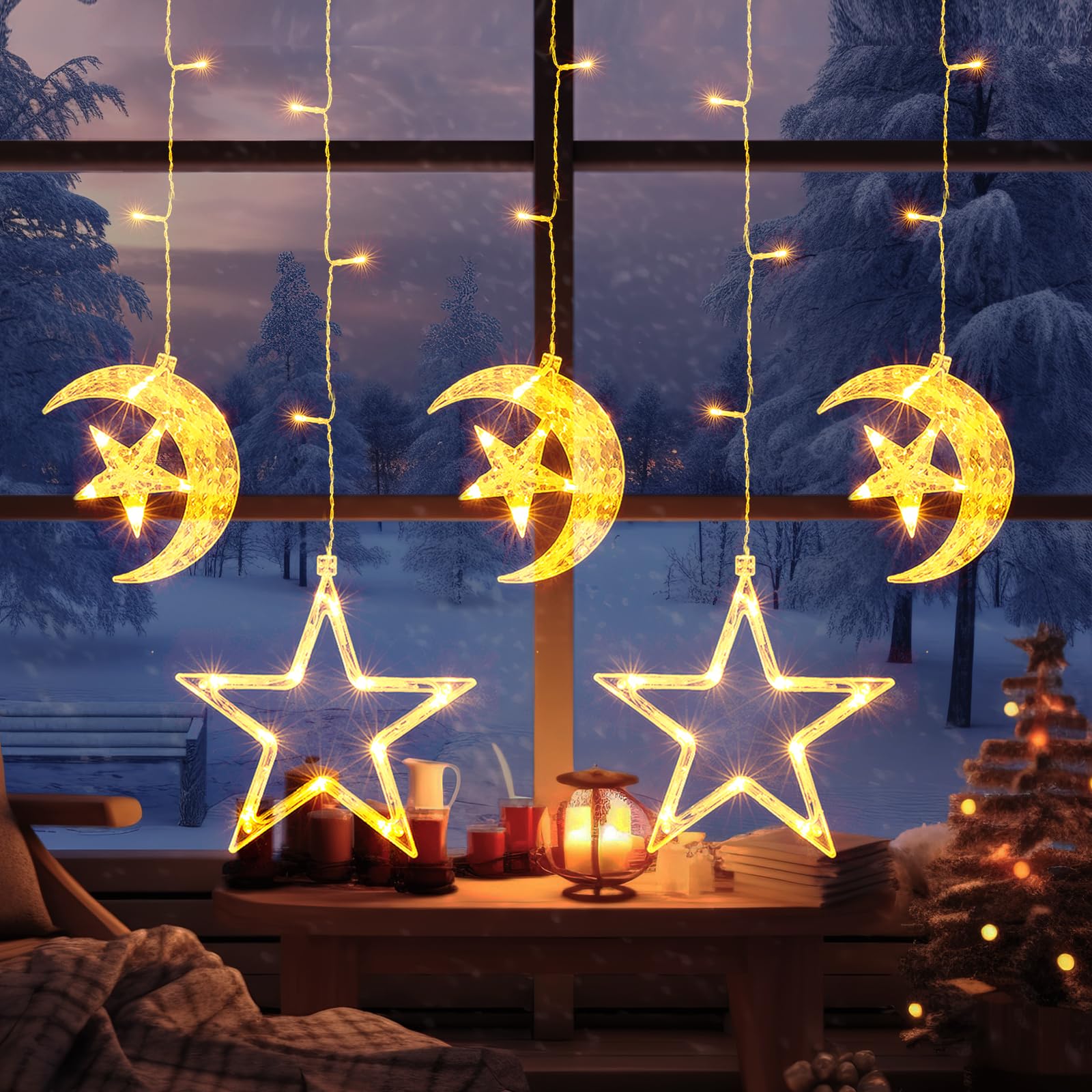 Globalink Cortina Luces Navidad Interior, Estrellas y Luna Cortina Luces Navidad Exterior Pilas con 69 Leds, 8 Modos con Temporizador para Escaparate Dormitorio Jardín-5 Tiras, Blancas