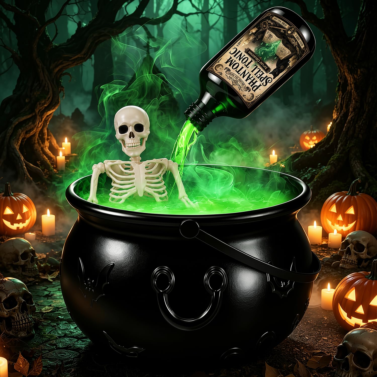 Halloween Deko Innen Groß Hexenkessel mit Skelett Nebel Party Tisch Deko | Gruselig Halloween Kessel Decorations mit Nebelmaschine Licht Magischer Schwimmender Trinkflasche für Tischdeko Hexe Zombie