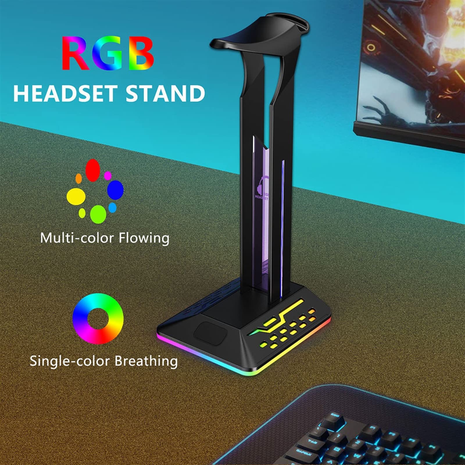Supporto per cuffie RGB con porta di ricarica USB, supporto per cuffie da gioco da scrivania con 7 modalità di illuminazione e base in gomma antiscivolo, adatto a tutti gli accessori per auricolari
