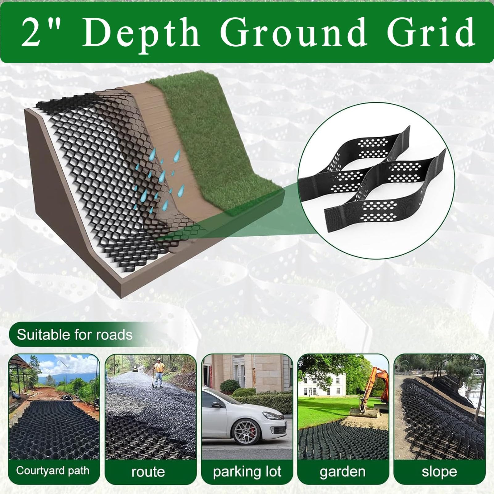 Griglia di stabilizzazione per ghiaia, 1,8 x 4,9 m, profondità 5,1 cm, capacità di carico 855 kg/mq, ideale per fai da te, patio, passerella, capannone, base, veicolo carrabile, parcheggio, erba