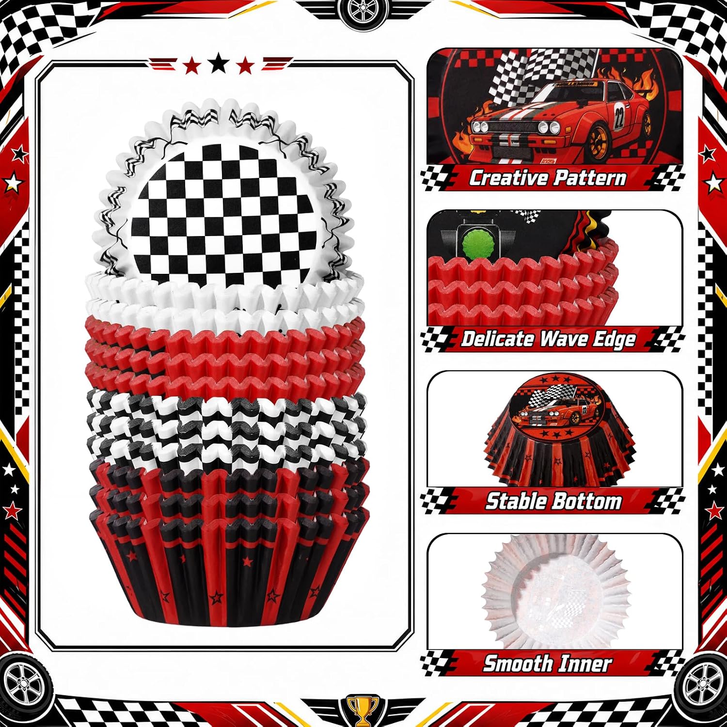 200 Pieces Race Car Cupcake Liners, Black White Checkered Racing Flag Standard Size Paper Baking Cups, Muffin Liners Cupcake Wrappers for Boys Birthday Baby Shower Party Decor