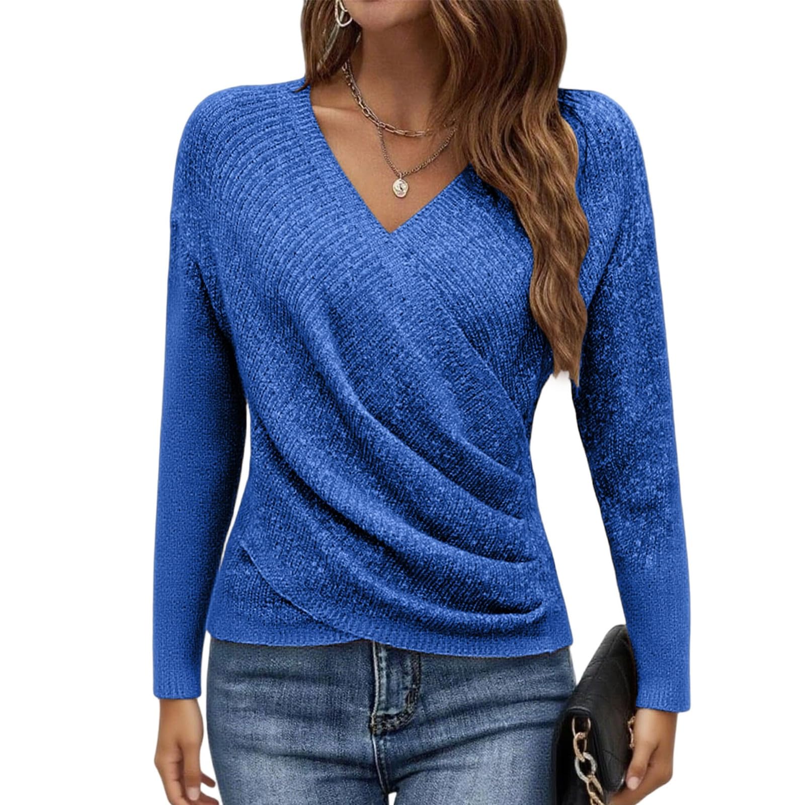Womens V-Neck Off-Shoulder Sweater Cross Wrap Pleated Long Sleeve Knit Pullover Soft Fall Winter Fashion Top
