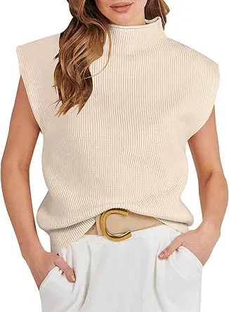 Caracilia Women's Sleeveless Sweater Vest Casual Mock Neck Cap Sleeve Knit Pullover Tank Tops 2024 Trendy Spring Clothes