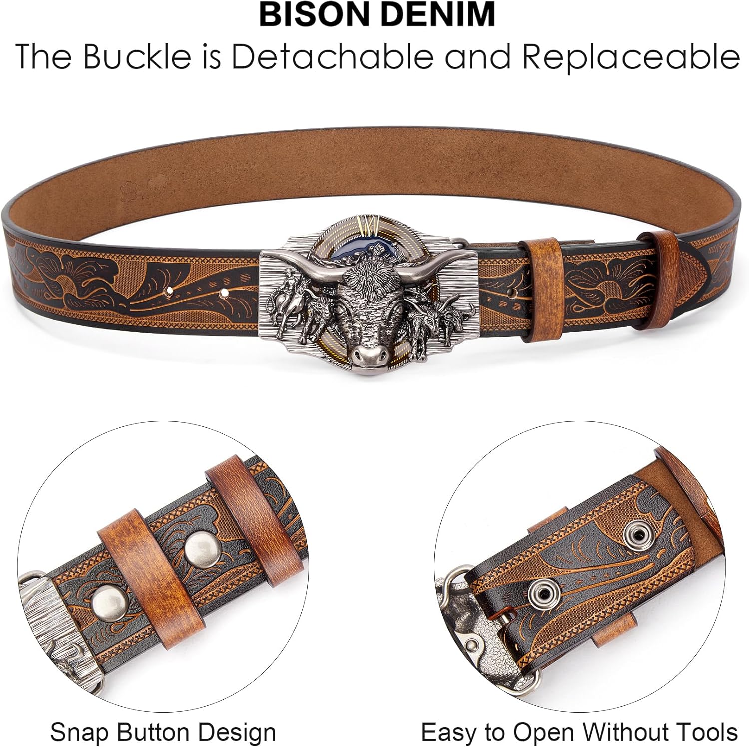 Western Leather Belt for Men Women Cowboy Cowgirl Mens Buckle Belt for Jeans, Country Belt, Ideal Men's Gifts - Image 3