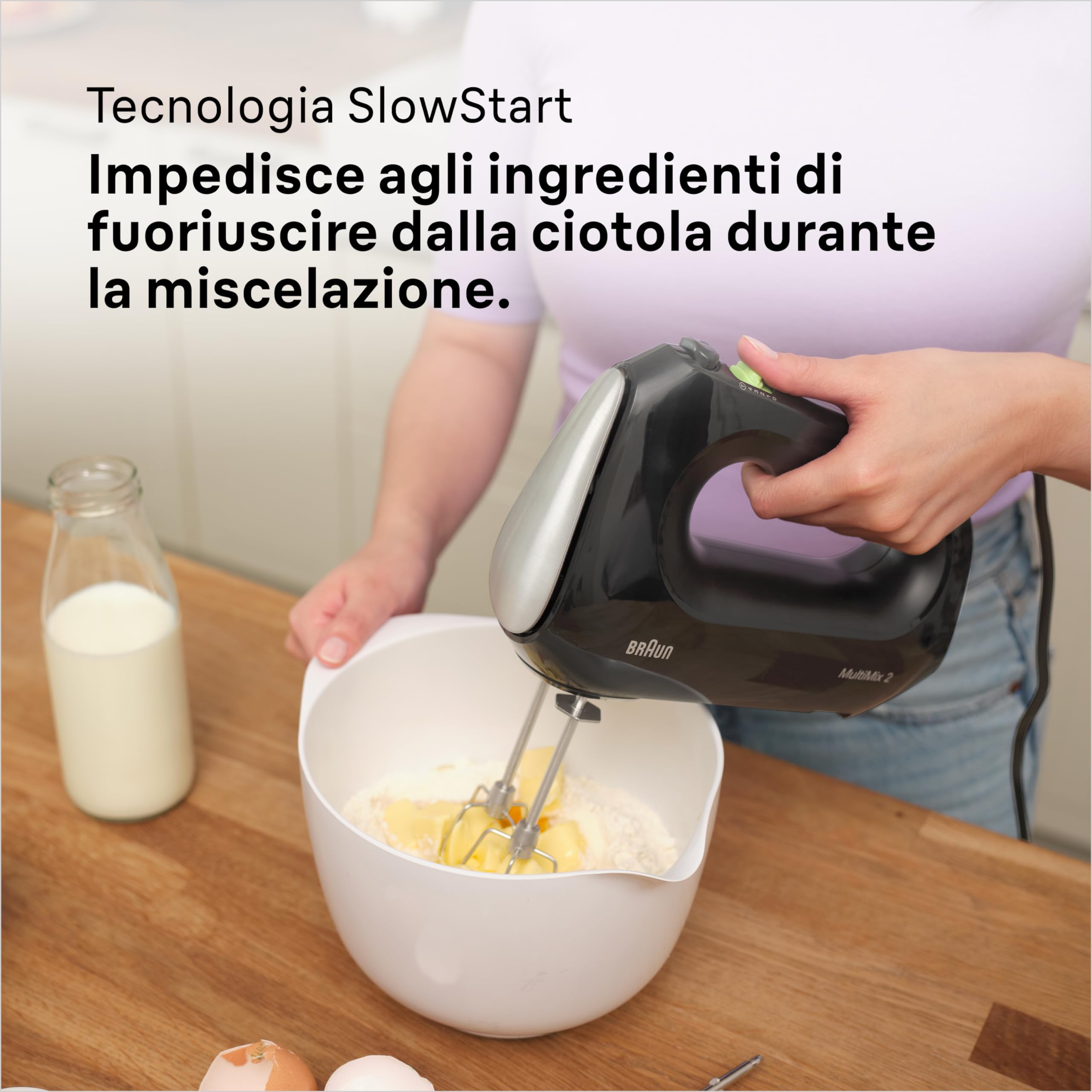 Braun MultiMix 2 HM 2110 BK, Mixer Elettrico Silenzioso con Tecnologia FastMix, 4 Velocità + Turbo, Easy-Click, 2 Fruste e 2 Impastatori Lavabili in Lavastoviglie, 500W, Nero