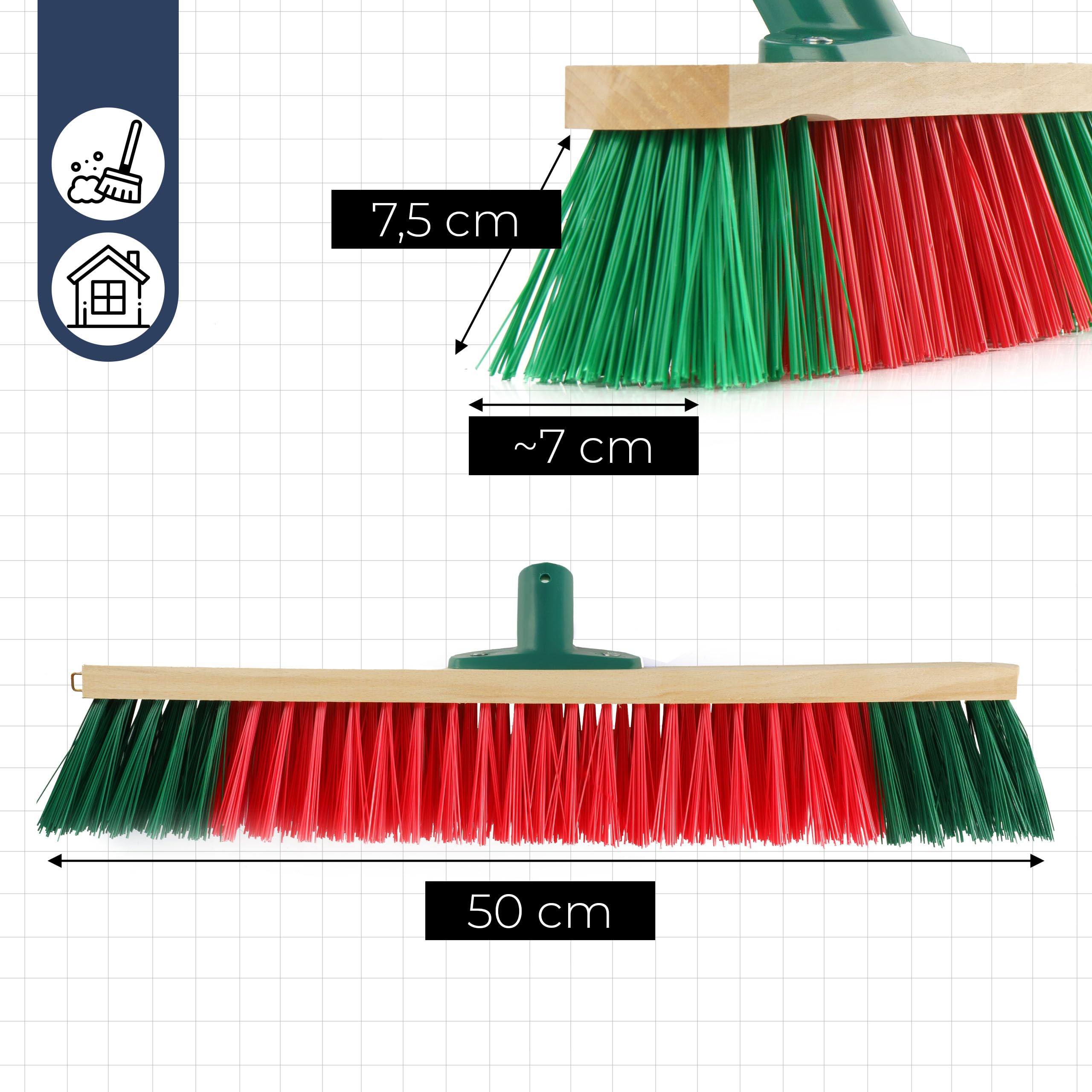 Miotła Szczotka Ulicówka Głowica miotły 50x7 cm Zamiatacz Drewniana Oprawa Szczotka Nylon Wytrzymała Miotła Do Kostki, Chodnika, Ulicy Miotła Bez Kija Otwór 2 cm, Mocny Nylon