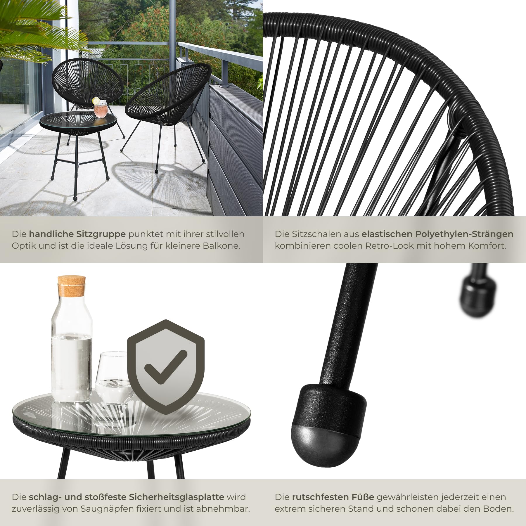 tectake® Set 2X Stuhl 1x Beistelltisch Acapulco, Gartenstuhl, Gartenstühle im Retro Design, Indoor und Outdoor Sessel für Garten, Wintergarten, als Terrassenstühle oder Balkon Sessel - schwarz