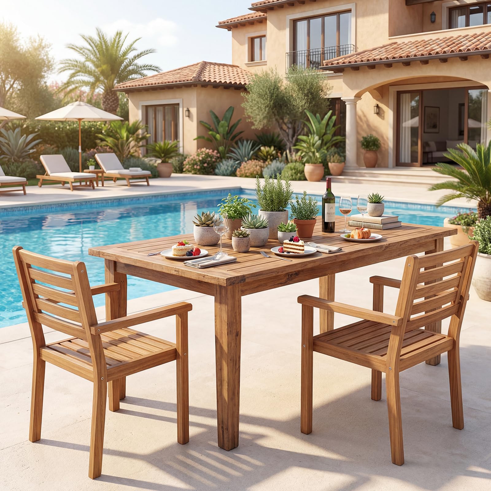 COSTWAY Lot de 2 Chaises de Jardin en Bois Acacia, Capacité 180 kg, Chaises Salle a Manger avec Accoudoirs, Dossier Incliné et Lattes, Fauteuil Exterieur pour Terrasse Patio Balcon, 56 x 56 x 80 cm