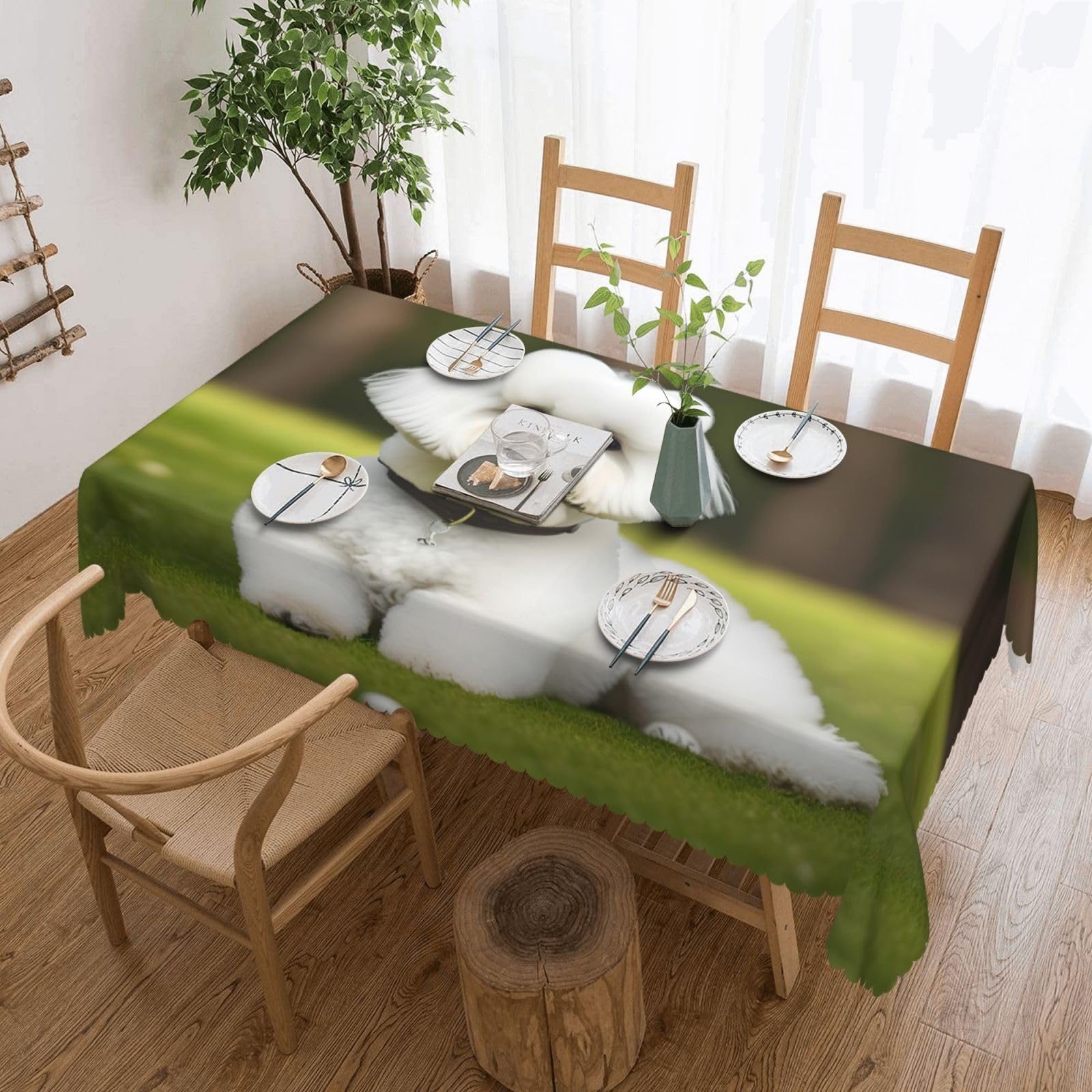 Nappe rectangulaire bichon frisé tissu anti-tache pour repas de famille