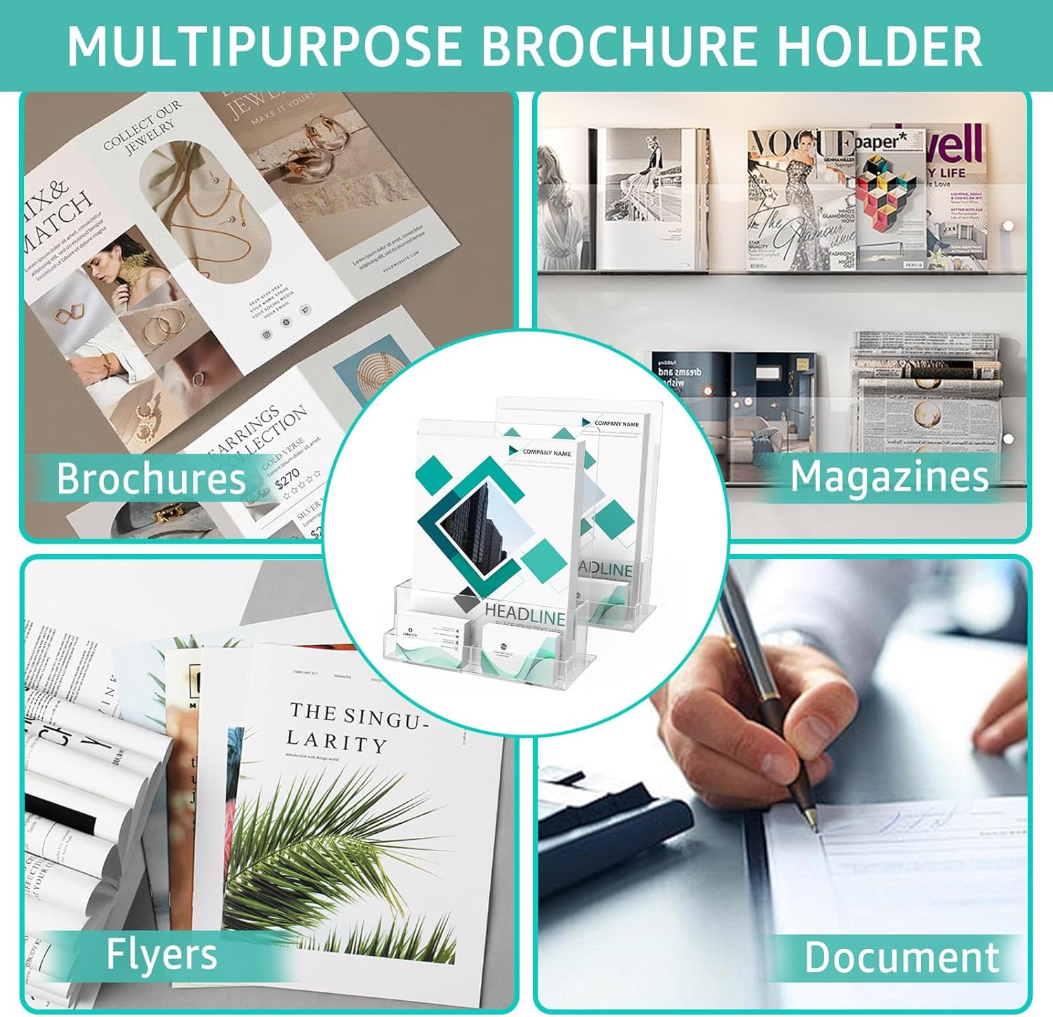 2 Pack Acrylic Brochure Holder 8.5 x 11 Inch with Business Card Holder, Clear Acrylic Brochure Holders Plastic Flyer Display Stand for Magazine, Pamphlet, Booklets, Menu, Journals, Literature
