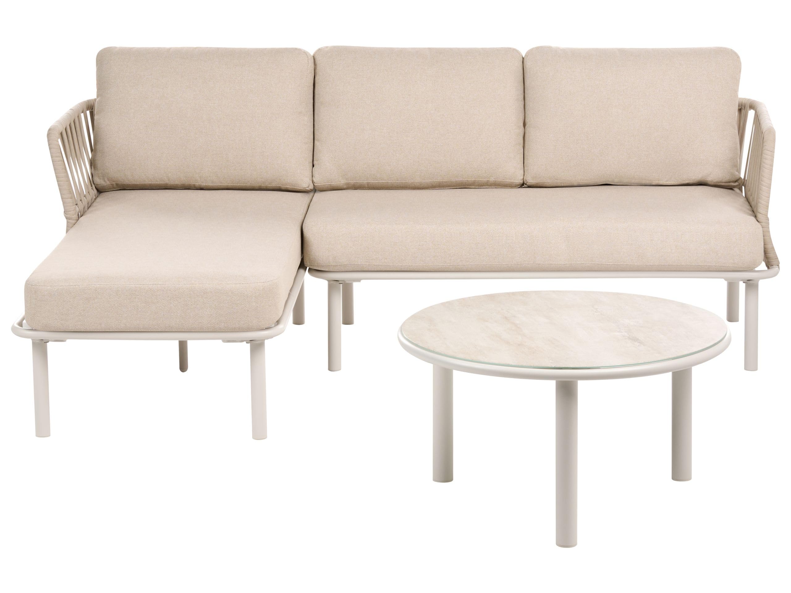 Zestaw ogrodowy 3-osobowy prawostronny sofa i stolik metalowa rama blat ze szkła hartowanego beżowoszary Orte