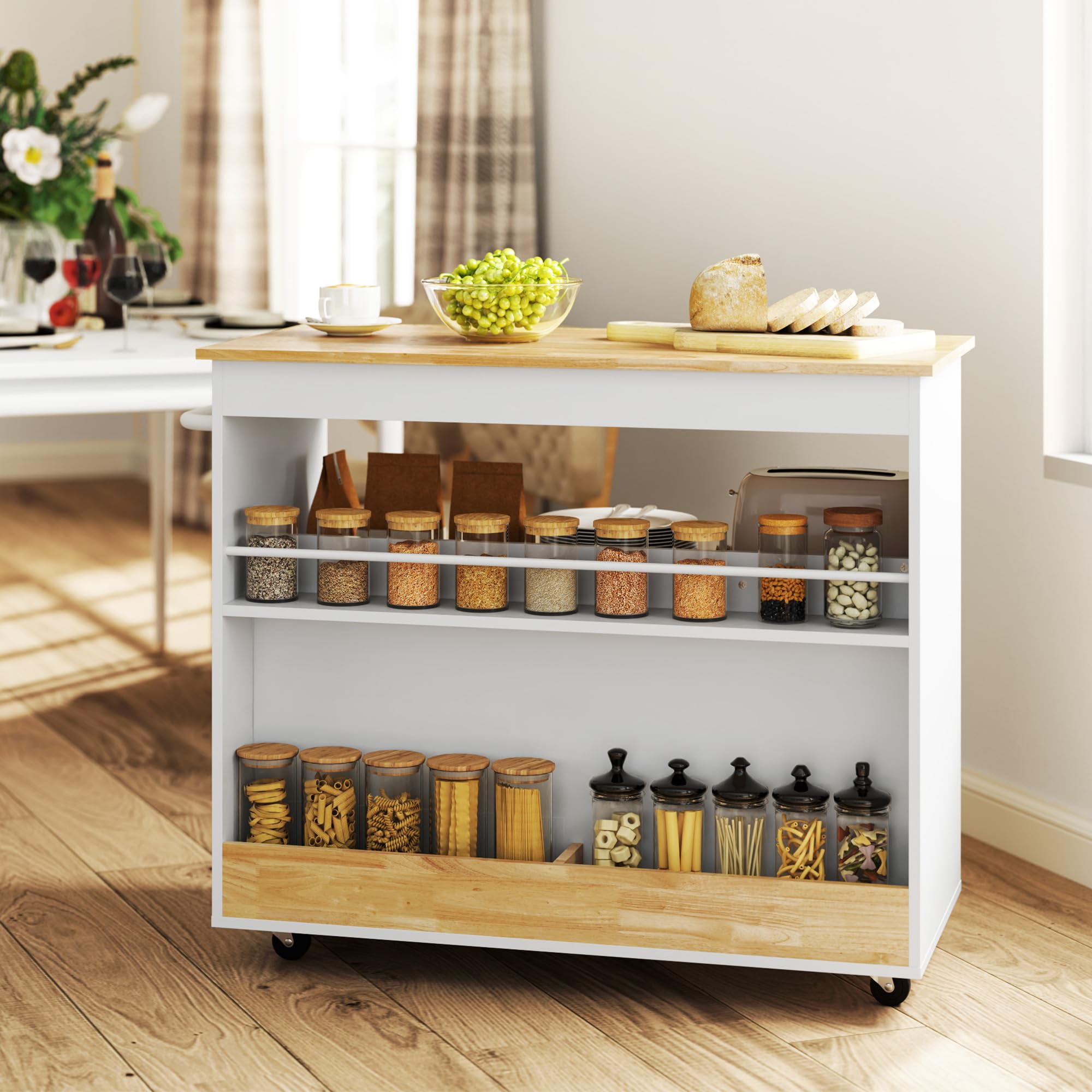 HOMCOM Küchenwagen mit Arbeitsplatte Schubladen Griff 107x50x85cm Eiche