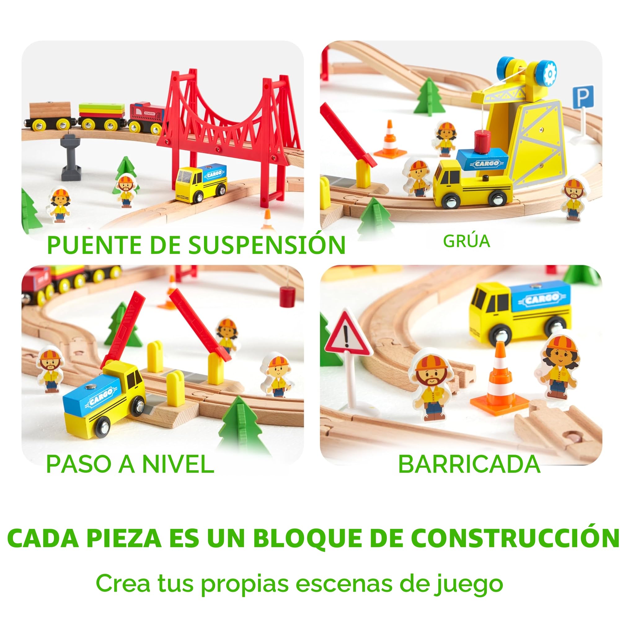 SYNCFUN 60 Piezas Tren Madera Juguete Montessori para Edades de 3 4 5 6 7 Años, Tren de Construcción, Ferrocarril de Ingeniería con Grúa Magnética, Trenes y Accesorios, Regalo para Niños y Niña