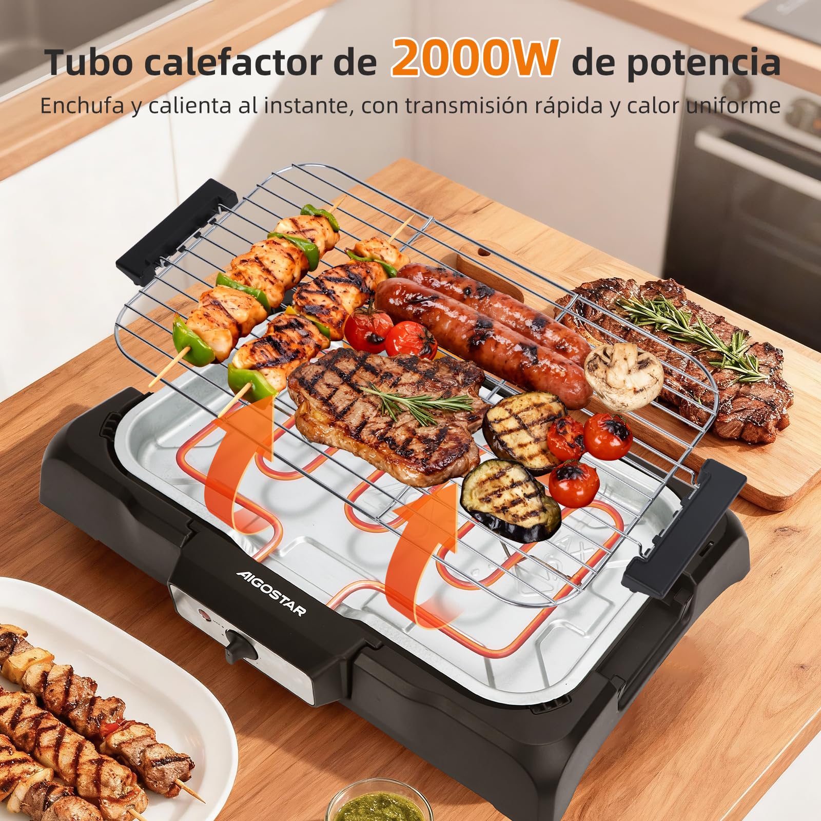 Aigostar Tasty - Grill sin humo, plancha de asar, barbacoa eléctrica para interiores, 2000W, tamaño compacto, uso con agua: evita manchas y humo, bandeja recoge grasa, termostato.