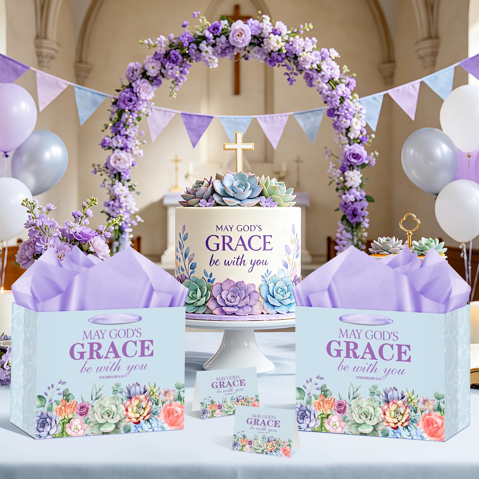 Christian Art Gifts Bag with Card & Purple Tissue Papers,Scripture Gift Bag,May God's Grace Be With You Scripture Gift Bag with Bible Verse for Mother's Day,Baptism,Wedding,Christian Goodie Treat Bag