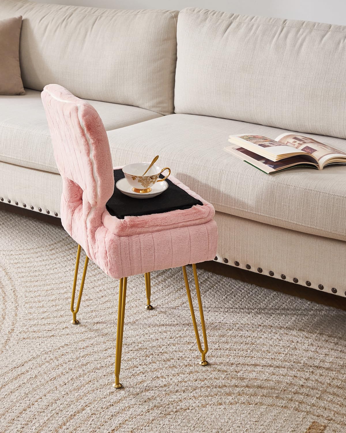 IBUYKE sedia da vanità rettangolare con stoccaggio, piccola sedia da trucco pieghevole, 42 * 31 * 72 cm, sgabello ottomano in velluto carino per il soggiorno, con piedi antiscivolo, rosa WBD030P