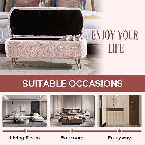 Miniatura 7 de NIOIIKIT Banco otomano de almacenamiento, cómodo banco de entrada tapizado de piel sintética con patas de metal, banco de dormitorio con parte