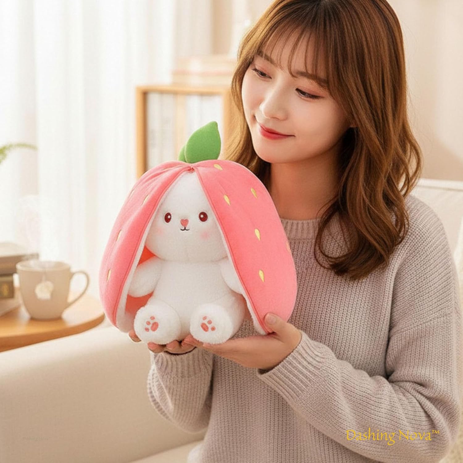 Strawberry Bunny Plush Toy Transformable Rabbit Stuffed Animal Pink 13.7 Inch Soft Plush Gift Girlfriend Girls Kids