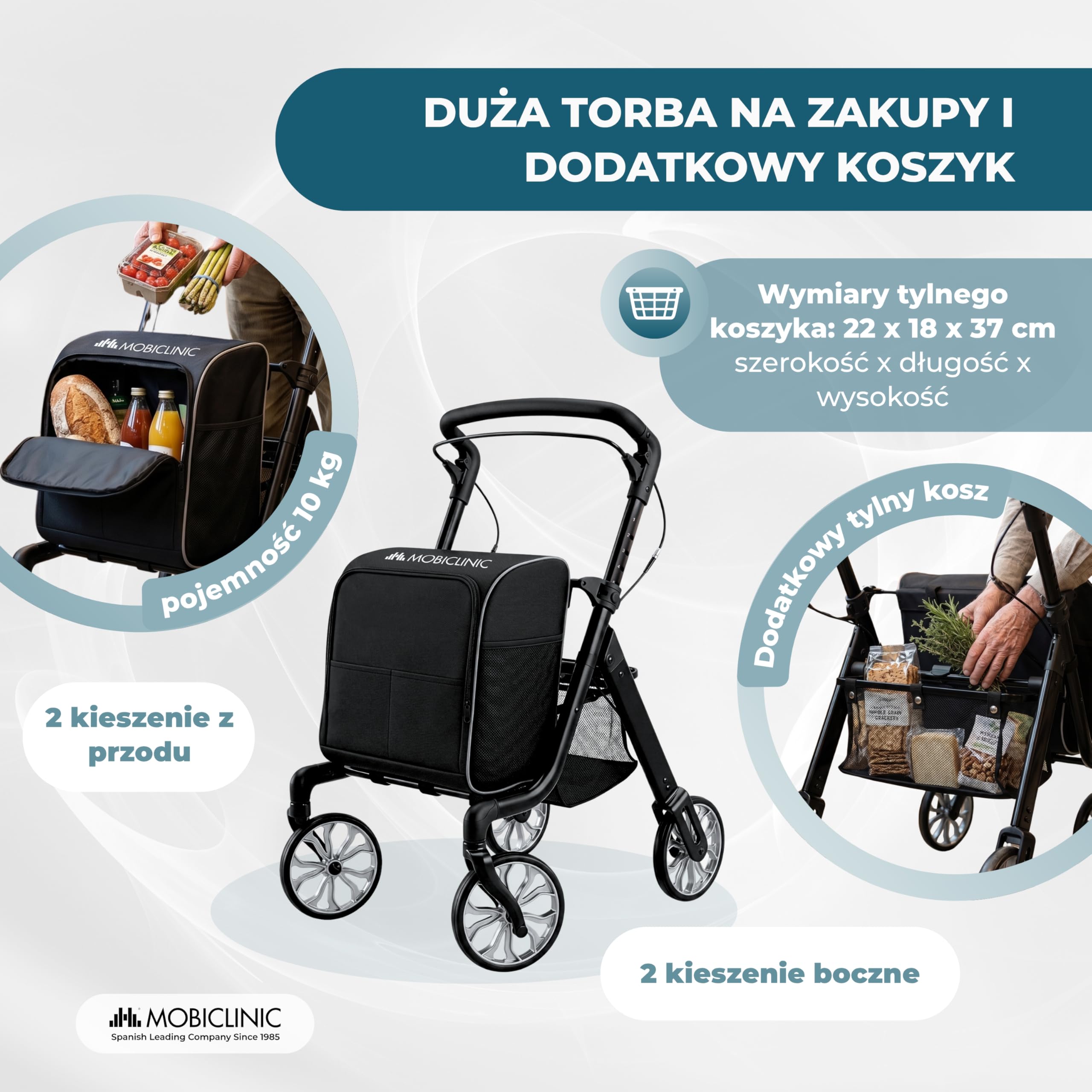 Mobiclinic®, Składany Chodzik + Wózek na Zakupy, 2 w 1, Hamulec Postojowy, Regulacja w 6 Pozycjach Wysokości, Jednouchwytowy, Kosz i Wyjmowana Torba XXL, Kółka Obrotowe 360º, Aluminium, Formen