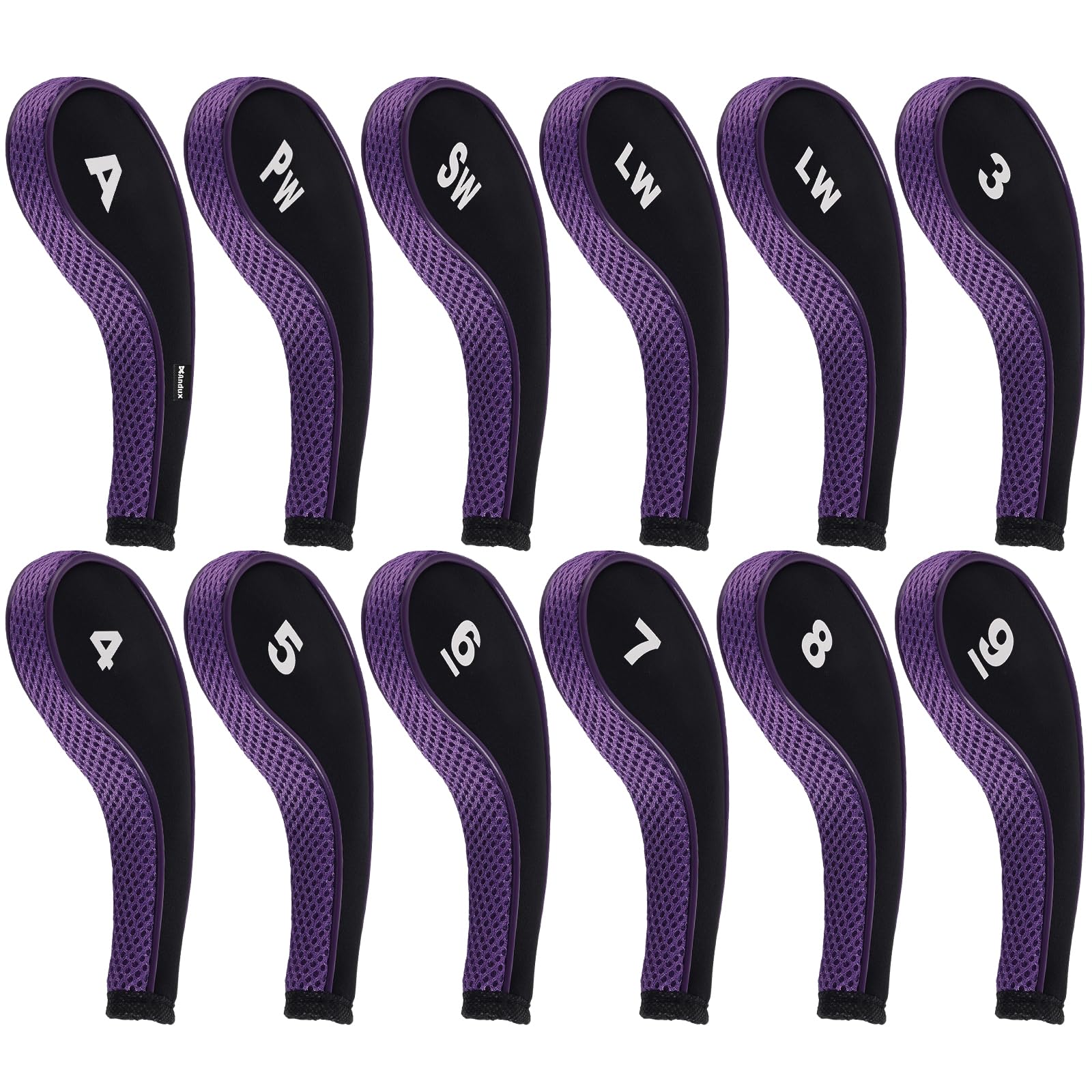 Andux 12pcs/Set Golf Iron Wedge Club Head Covers RH with Zipper Black/purple
