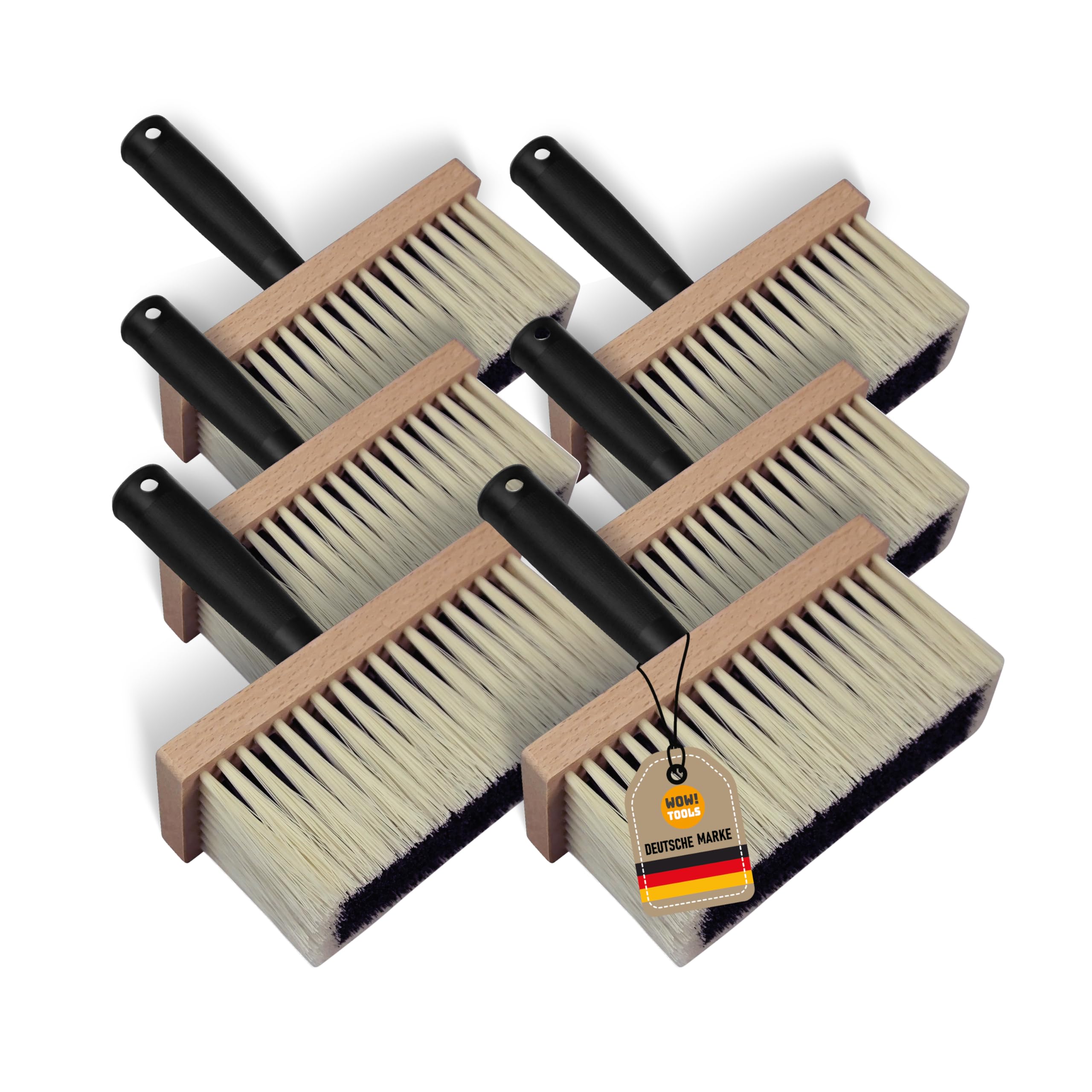 6X WOW!TOOLS Universal-Deckenbürste, Kleisterbürste, robuste Kunststoffborsten, 170 x 70 mm, mit Holzkörper und Kunststoffgriff - Tapezierbürste - Quaste