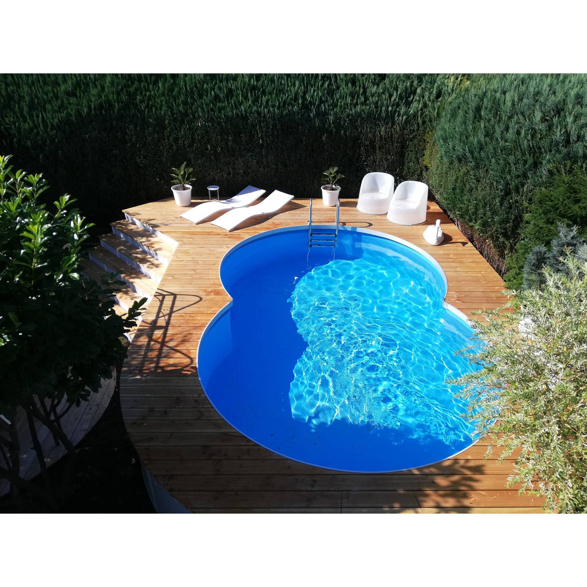 Stahlwandpool Set achtform Cannes 625x360x150cm, Stahl 0,8mm weiß, Folie 0,6mm blau, Einhängebiese