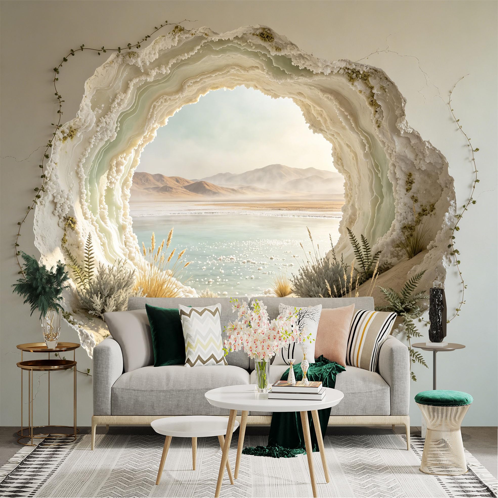 Custom Size Wall Sticker Mural， Natural Cave View with Lake， Desert Mountains and Plants， for wall Decoration， peelandstick wall Decals.