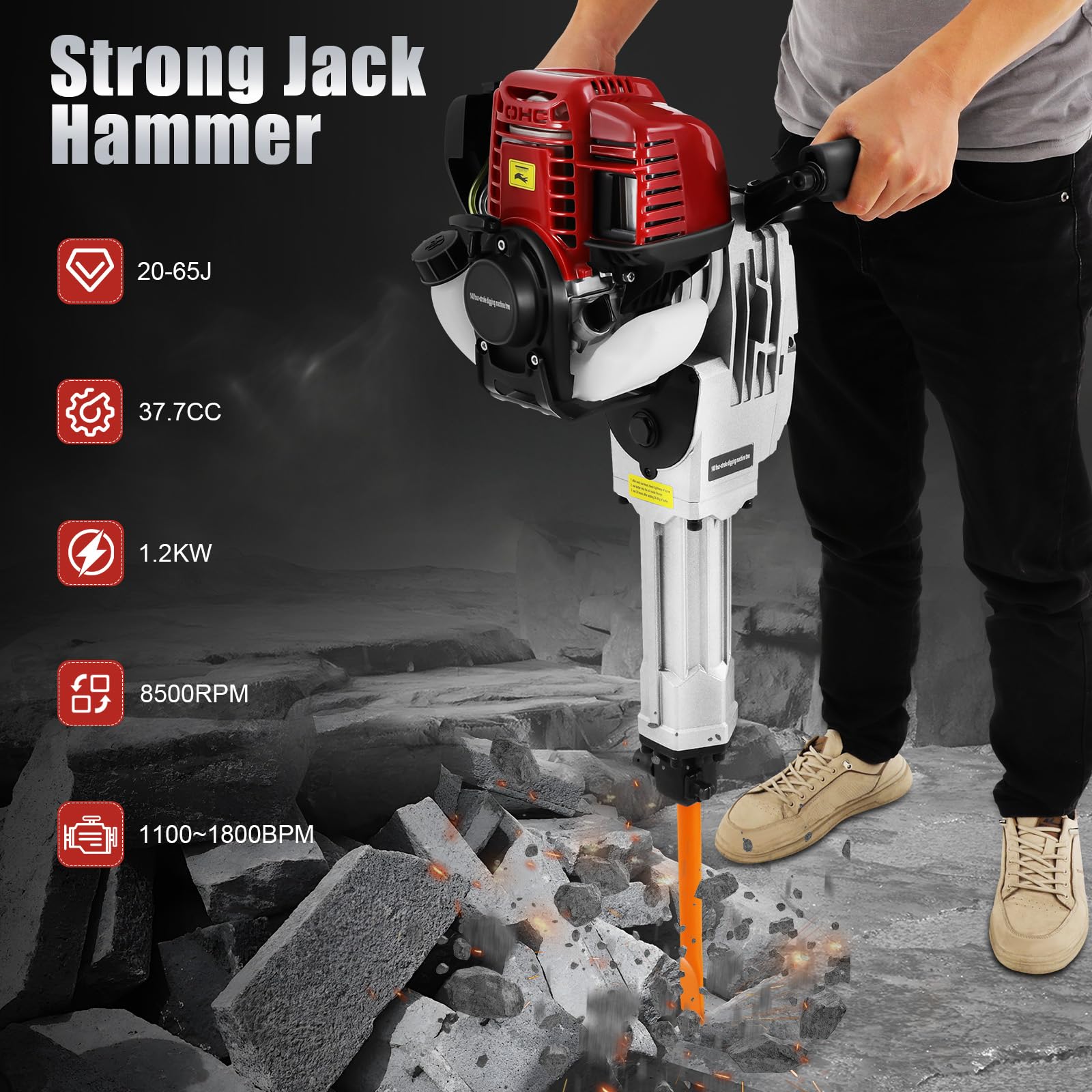 Martillo de demolición eléctrica, 1,2 kW, 37,7 cc, con punto Chisel, plano, bolsa de herramientas, vaso medidor, embudo, martillo perforador de 8500 r/min para romper rocas, excavar, trasplante de
