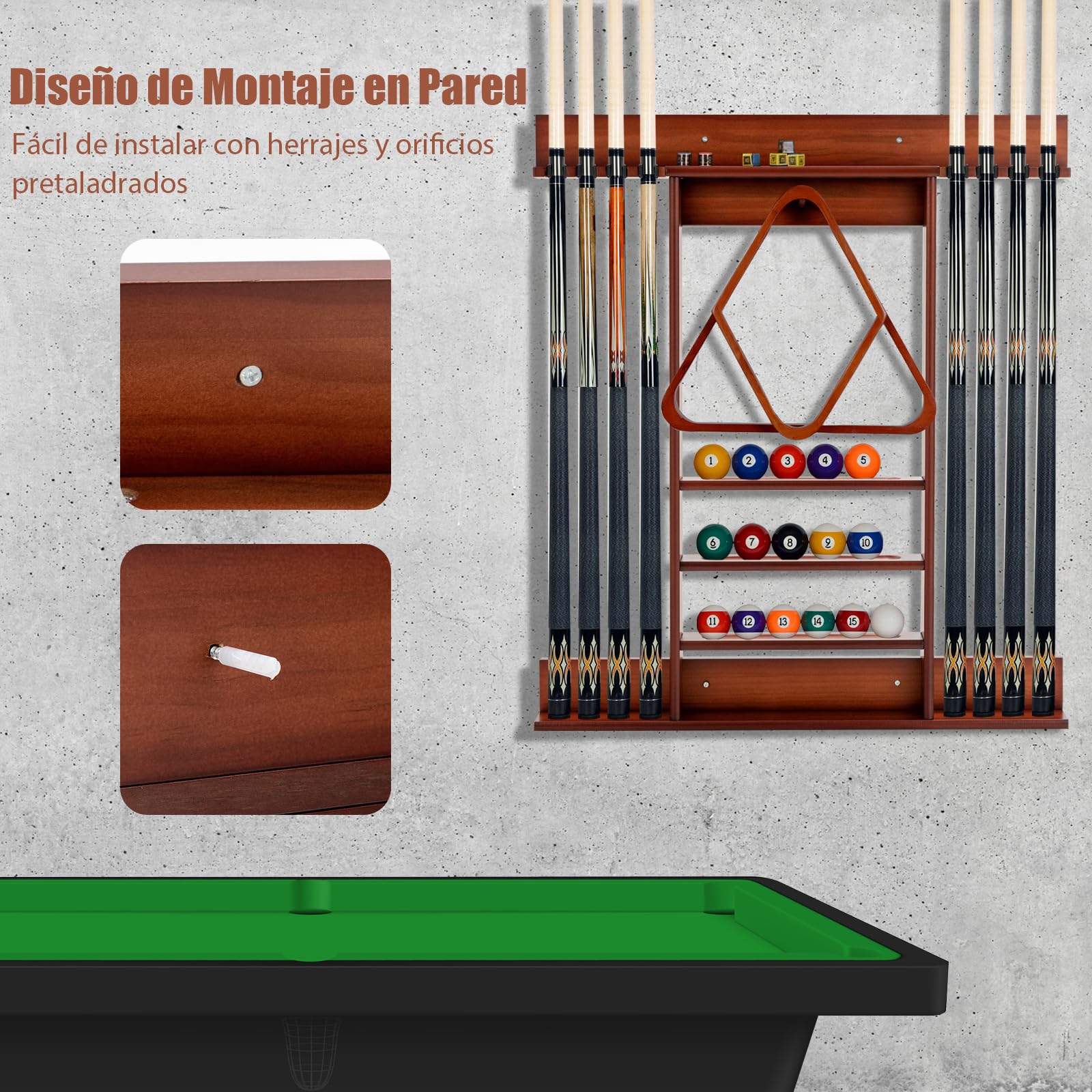 GYMAX Soporte para Tacos de Billar de Madera de Pino, Soporte para Tacos de Billar para 8 Tacos, 15 Bolas de Billar y Accesorios de Billar, Accesorios de Mesa de Billar para Sala de Billar, Bar, Club