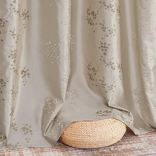 Miniatura 9 de Cortinas para dormitorios con ojales en la parte superior, bordado floral, de seda sintética juego de dos unidades.