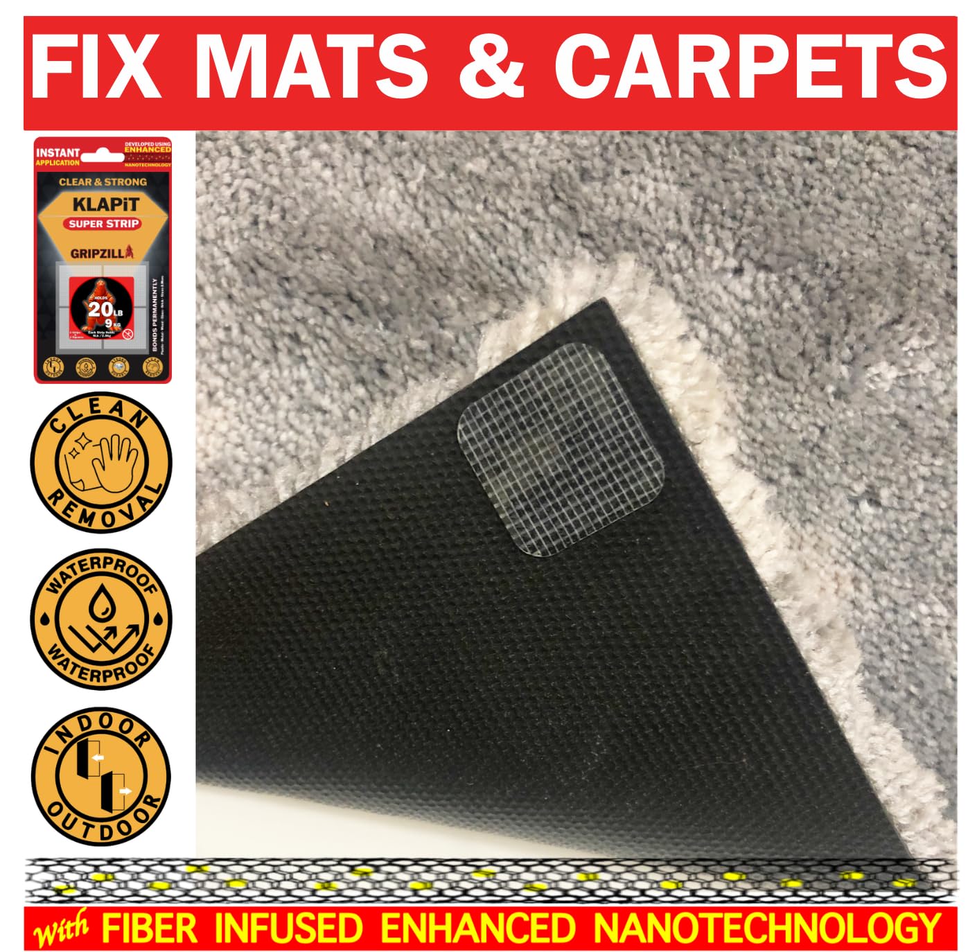 KLAPiT Super Strip GRIPZILLA - Cinta de montaje nano de doble cara resistente, sin residuos, multiusos, uso instantáneo, ideal para fotos, muebles, alfombras, soporta hasta 20 libras, 4 cuadrados