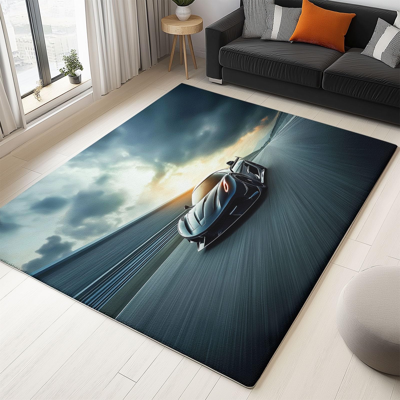 Morbido tappeto a pelo corto, 120 x 180 cm, con veicoli sportivi, lavabile, per soggiorno, camera da letto, sala da pranzo, cameretta dei bambini, blu