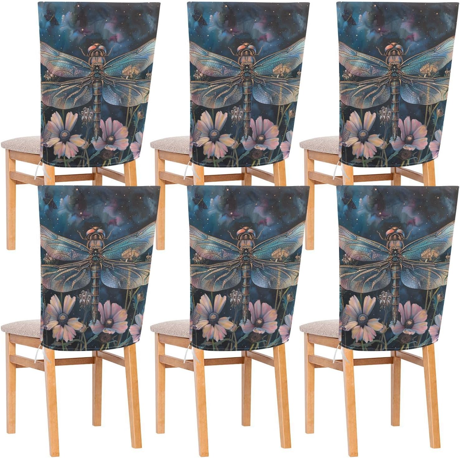 ALAZA Dragonfly Butterfly Flowers Chair Back Cover Set of 6, Washable Reusable Removable Chair Slipcovers Decorative Chair Cover for Home Kitchen Wedding Party