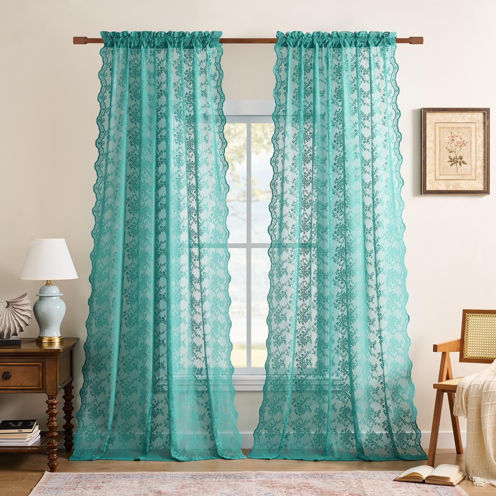 YJ YANJUN Vintage Lace Curtains 96 Inches Long-Victorian Floral Teal Sheer Curtain Panels for Living Room Bedroom Boho Farmhouse Shabby Chic Drapes Light Filtering 2 Panels 52W x 96L Dark Cyan