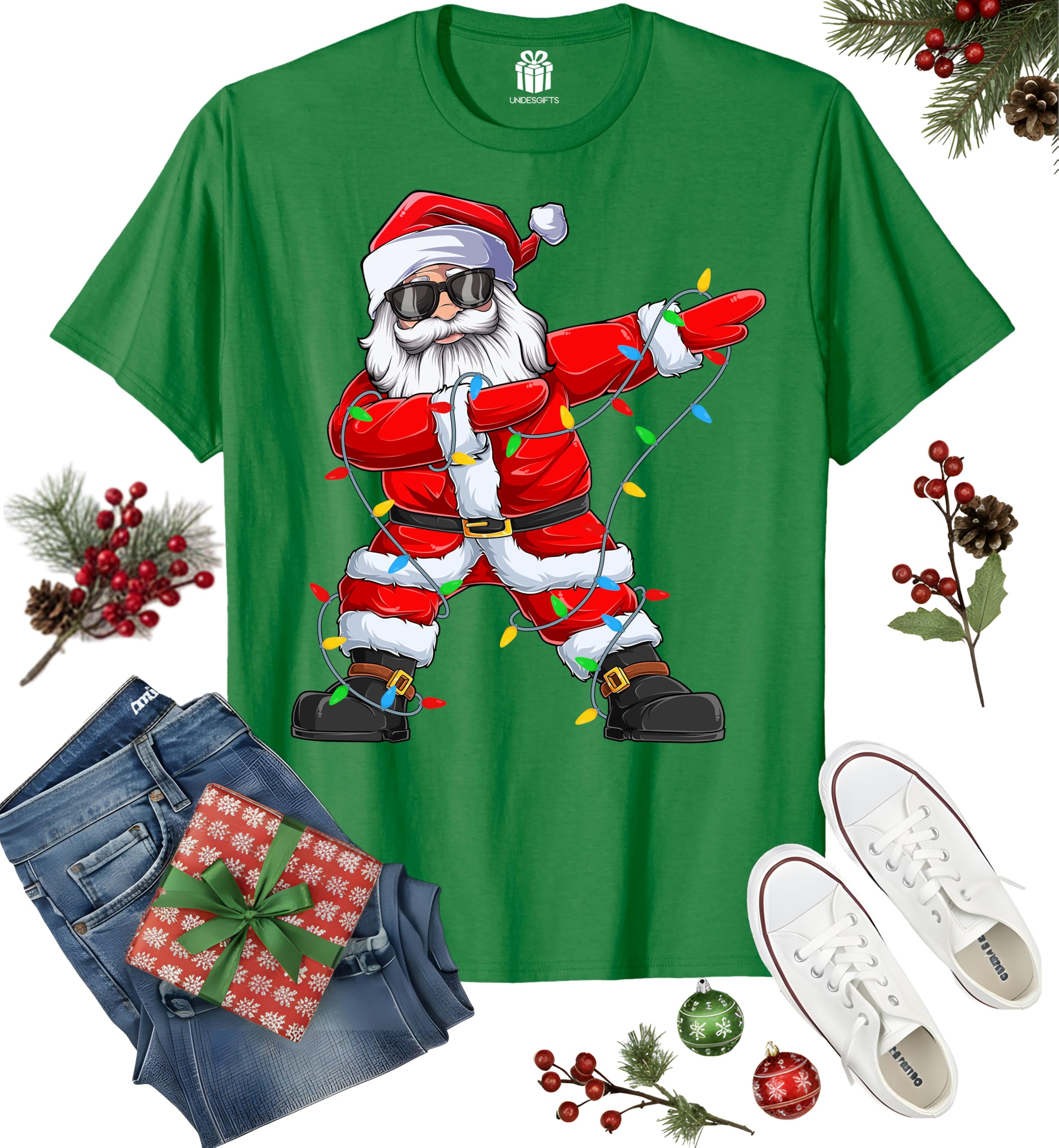 Dabbing Santa Christmas Red Lights T-Shirt for Men, Boys, Girls and Kids, Funny Dad Boyfriend Son