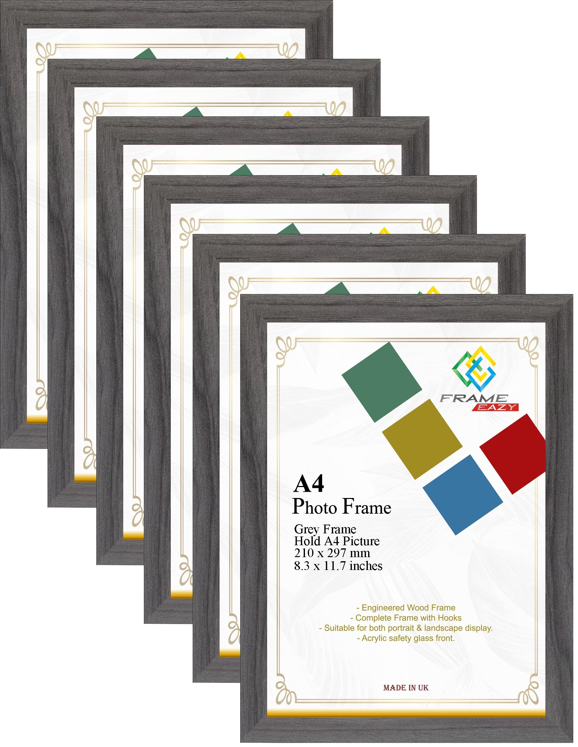 FRAME EAZY Grey Modern A4 Photo Frame Multipack of 6 in Size 29.7 x 21cm Picture Frames - A4 Certificate Frame - Grey Frame with Clear Perspex Sheet & Wall Mounted Hooks - Box of 6
